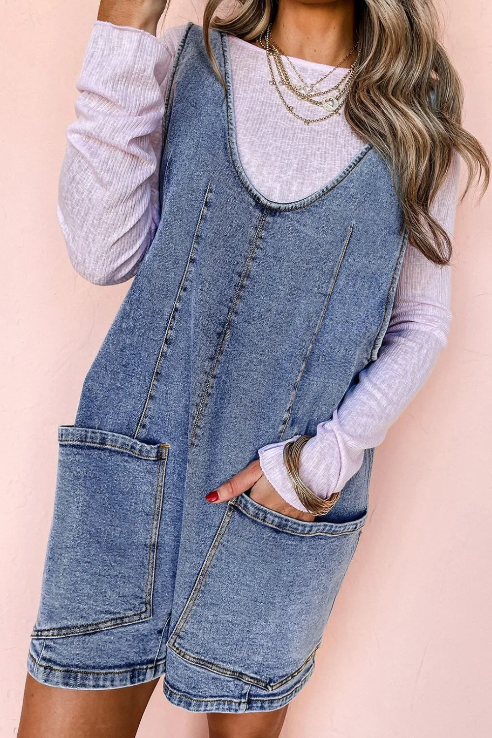 U Neck Patched Pocket Denim Overalls