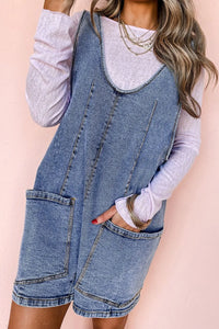 U Neck Patched Pocket Denim Overalls