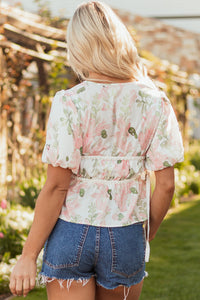 Alaiya Floral Puff Sleeve V Neck Tied Front Peplum Blouse