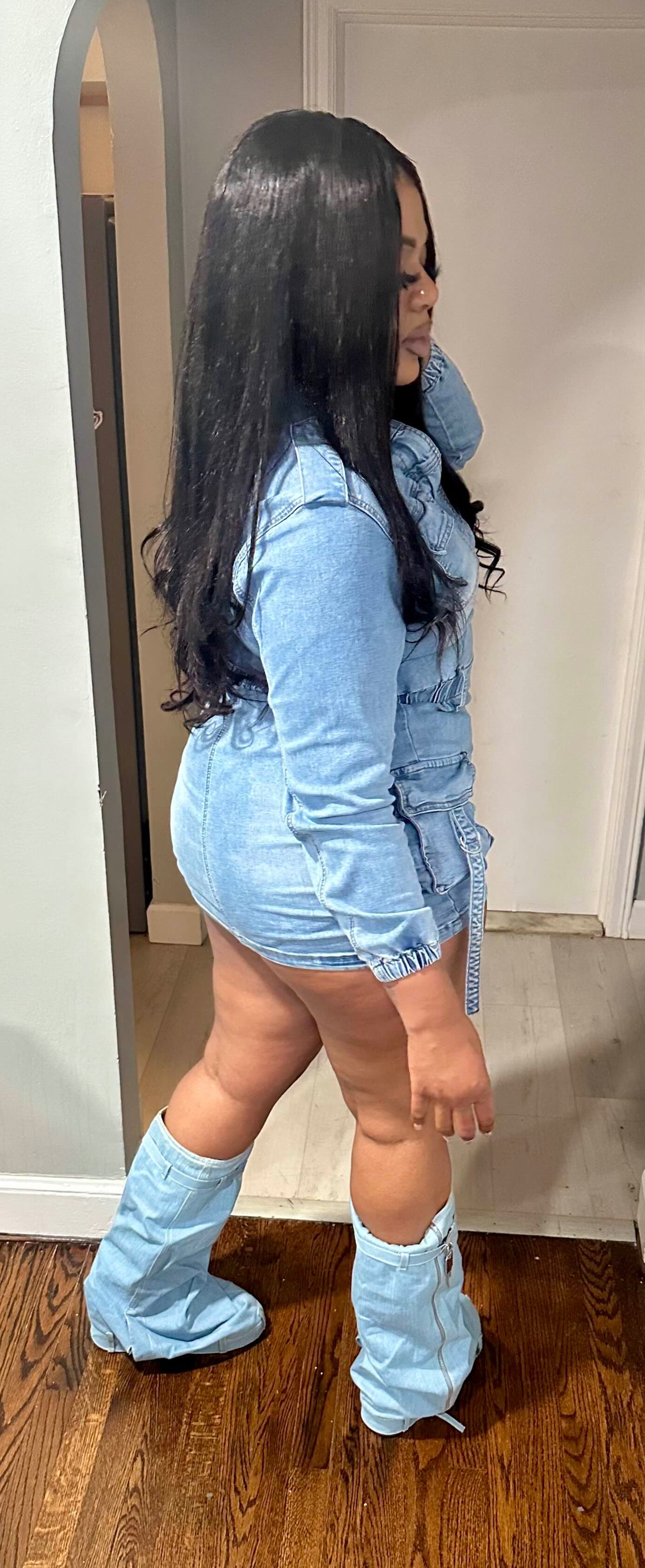 Long Sleeve Denim Romper Skirt