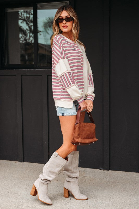 Stripe Patchwork Long Sleeve Henley Top