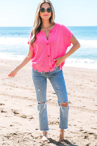 Janelle Distressed Hem Short Sleeve Button Sweater