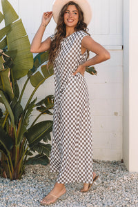 Paisley Checkered Buttoned Crew Neck Wide Leg Jumpsuit
