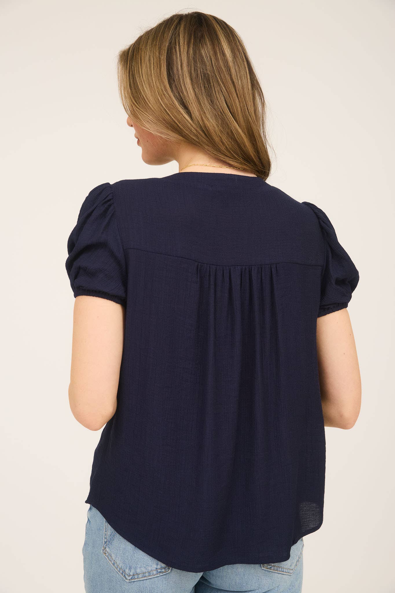 EMBROIDERY EYELET YOKE DETAIL PUFF SLEEVE TOP: NAVY