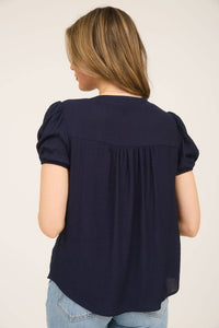 EMBROIDERY EYELET YOKE DETAIL PUFF SLEEVE TOP: NAVY