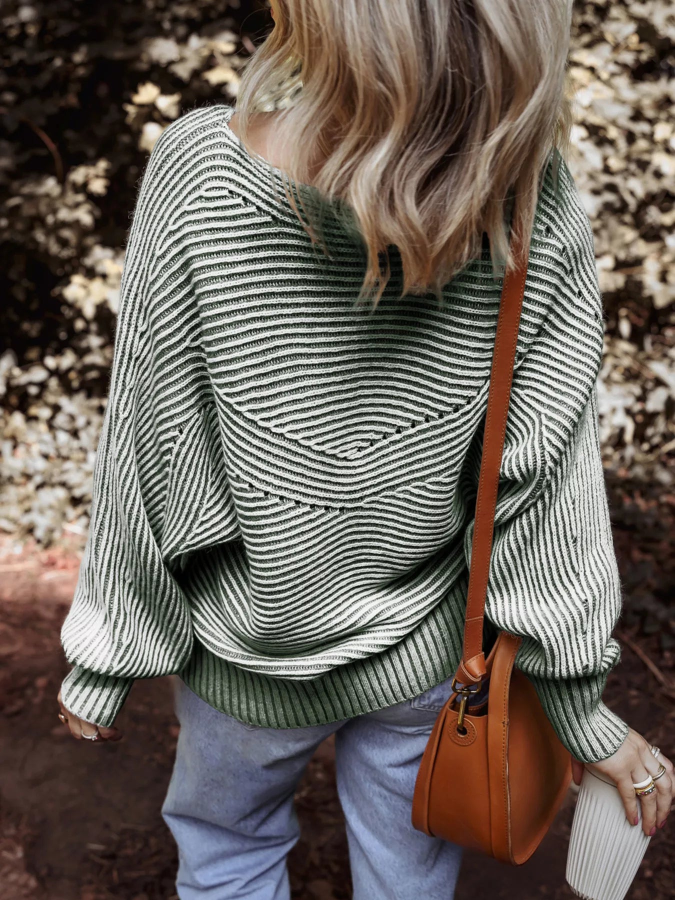 Striped Ribbed Knit Boat Neck Baggy Sweater
