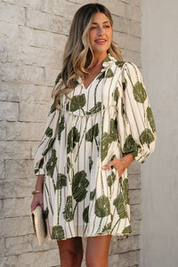 Angie Floral Striped Piping Puff Sleeve Dress