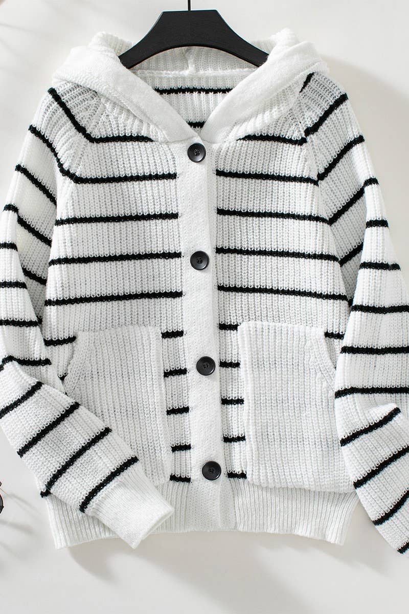 HOODED POCKET STRIPED KNITTED CARDIGAN