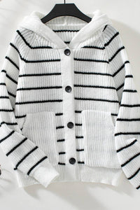 HOODED POCKET STRIPED KNITTED CARDIGAN