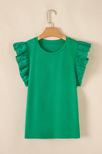 Nellie Embroidered Ruffled Sleeve Slim Fit Crew Neck Top