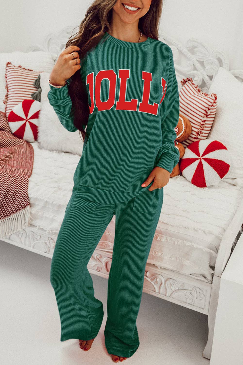 JOLLY Corded Top and Pants Set: Evergreen / M