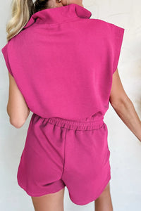 Textured Short Sleeve Half Zip Drawstring Waist Romper