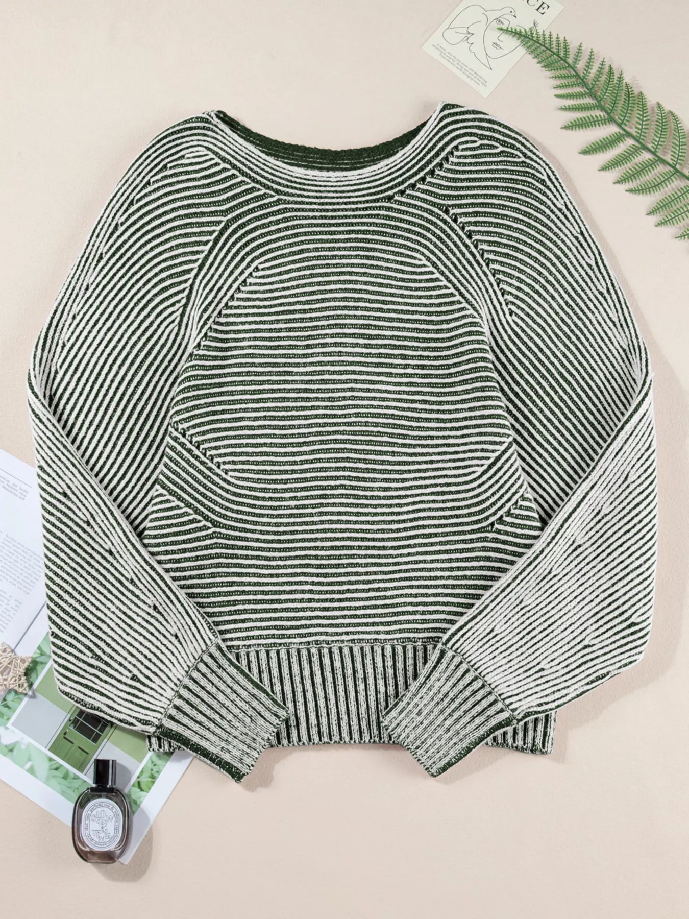 Striped Ribbed Knit Boat Neck Baggy Sweater