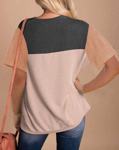 Ribbed Colorblock Short Sleeve T-Shirt: Black / XL