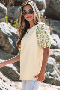 Rayne Floral Bubble Sleeve Patchwork Ribbed Top