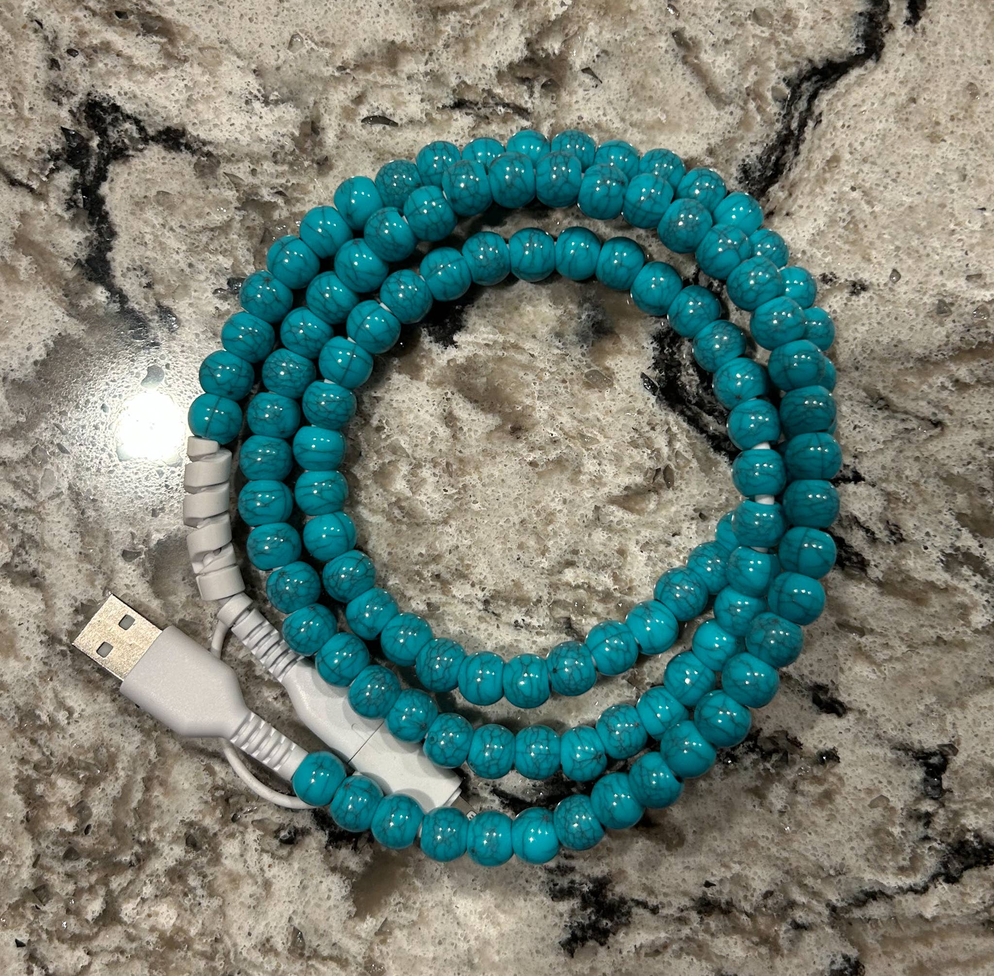 Beaded Phone Charger with Lightning & USB-C Cable: Turquoise