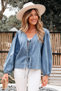 Oakley Tied Front Long Puff Sleeve Denim Top