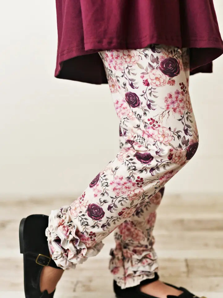 Kids Dark Plum Floral Long Sleeve Ruffle Pants Fall Set