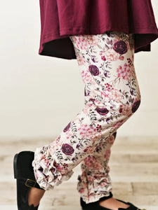 Kids Dark Plum Floral Long Sleeve Ruffle Pants Fall Set