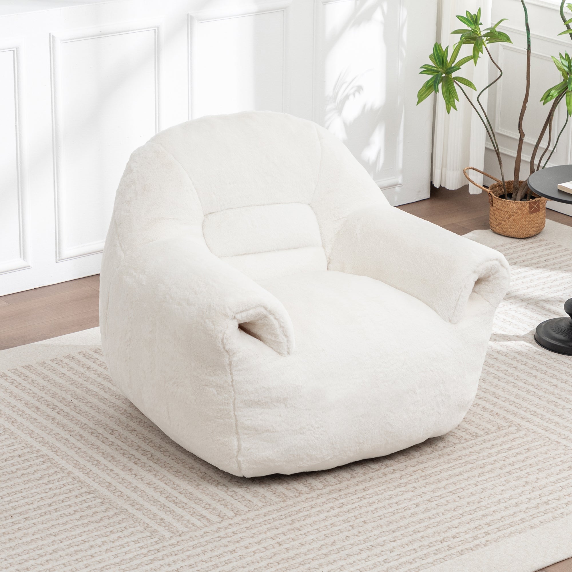 Bean Bag Chair, Comfy Bean Bag Sofa with Back Support, Faux Fur Bean Bag Chair for Adults and Kids, Stuffed Floor Sofa for Living Room, Bedroom, Apartment, White
