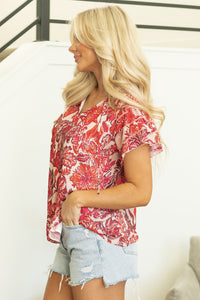 Raina Vintage Floral Ruffle Sleeve V Neck Blouse