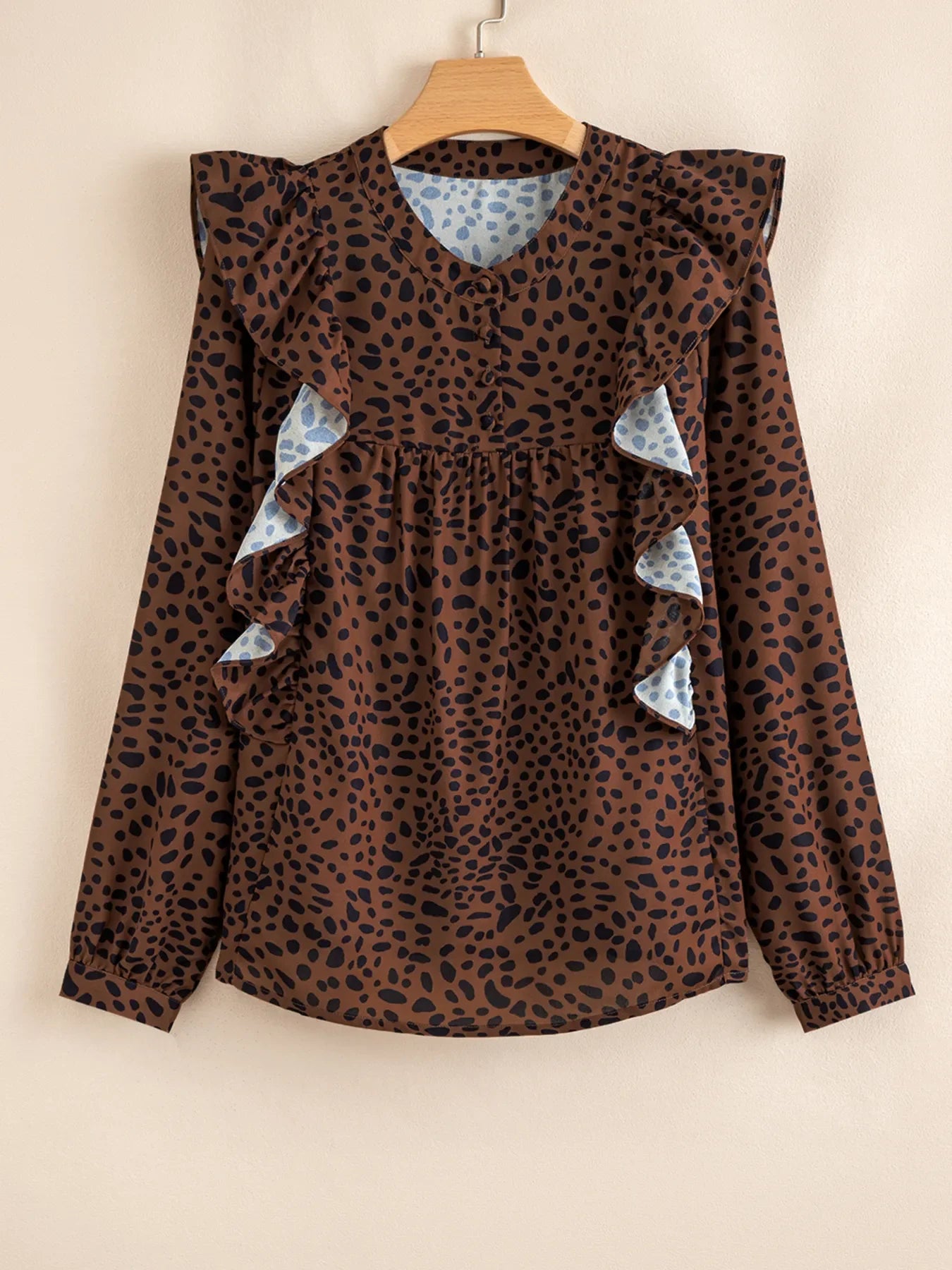Leopard Print Ruffled Puff Sleeve Blouse