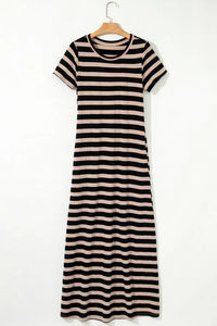 Stripe Casual Round Neck Tee Dress with Pockets