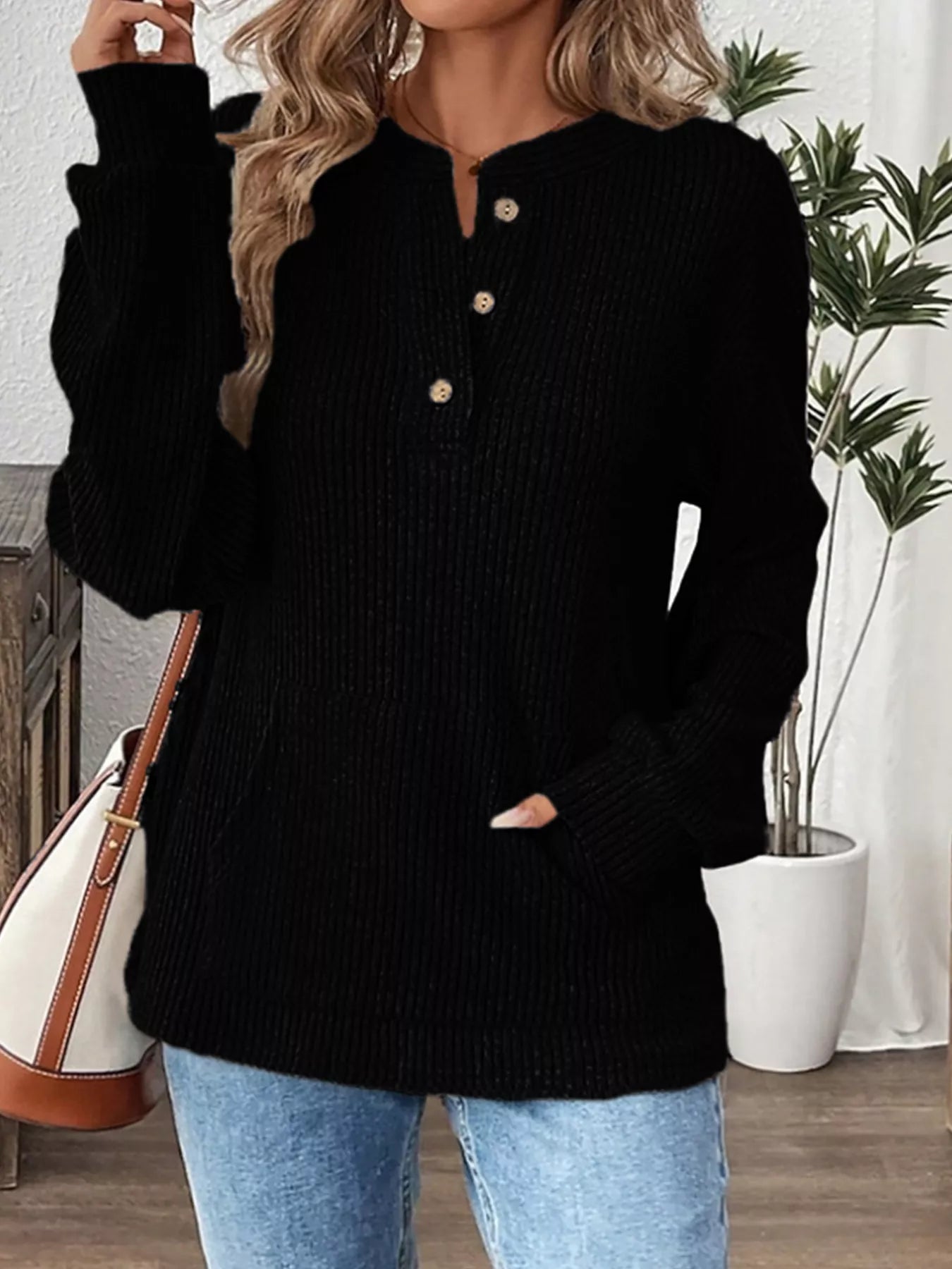 Ribbed Button Detail Long Sleeve T-Shirt