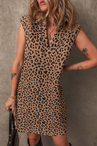 Leopard Print V Neck Sleeveless Collared Mini Dress