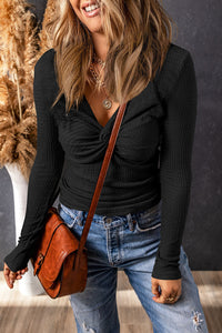 Alice Textured Twist Front V Neck Long Sleeve Top