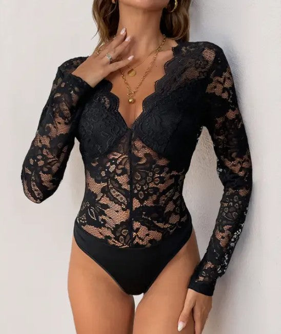 Women's  Long Sleeve Lace Mesh  Bodysuit