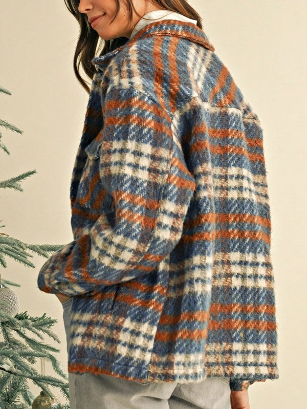 Blue Red Mint Plaid Button Shacket Cardigan