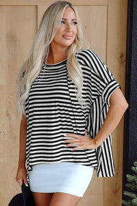 Alia Stripe Batwing Sleeve Crewneck Oversized Top