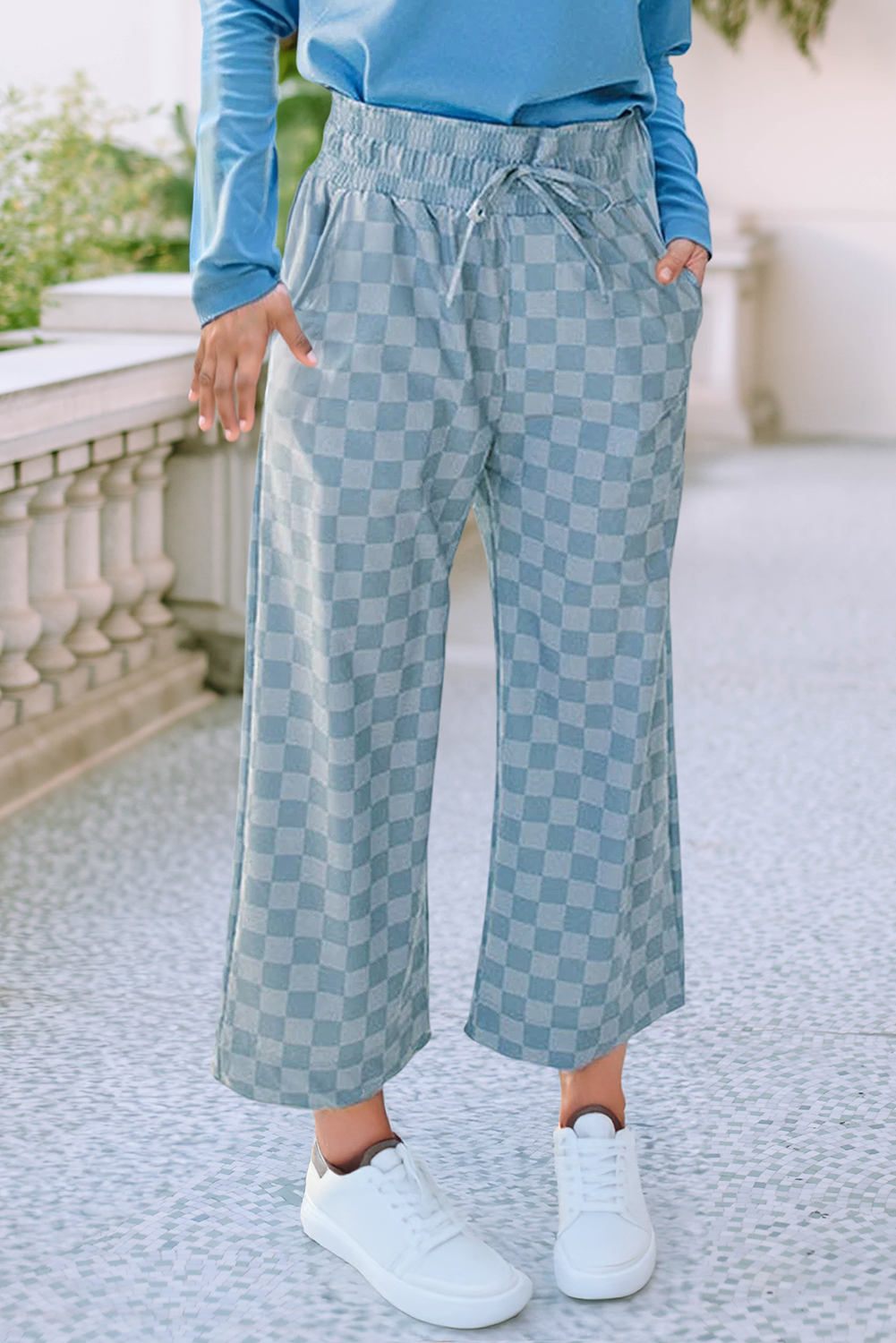 Tie Elastic Waist Checkered Loose Pants: Sky Blue