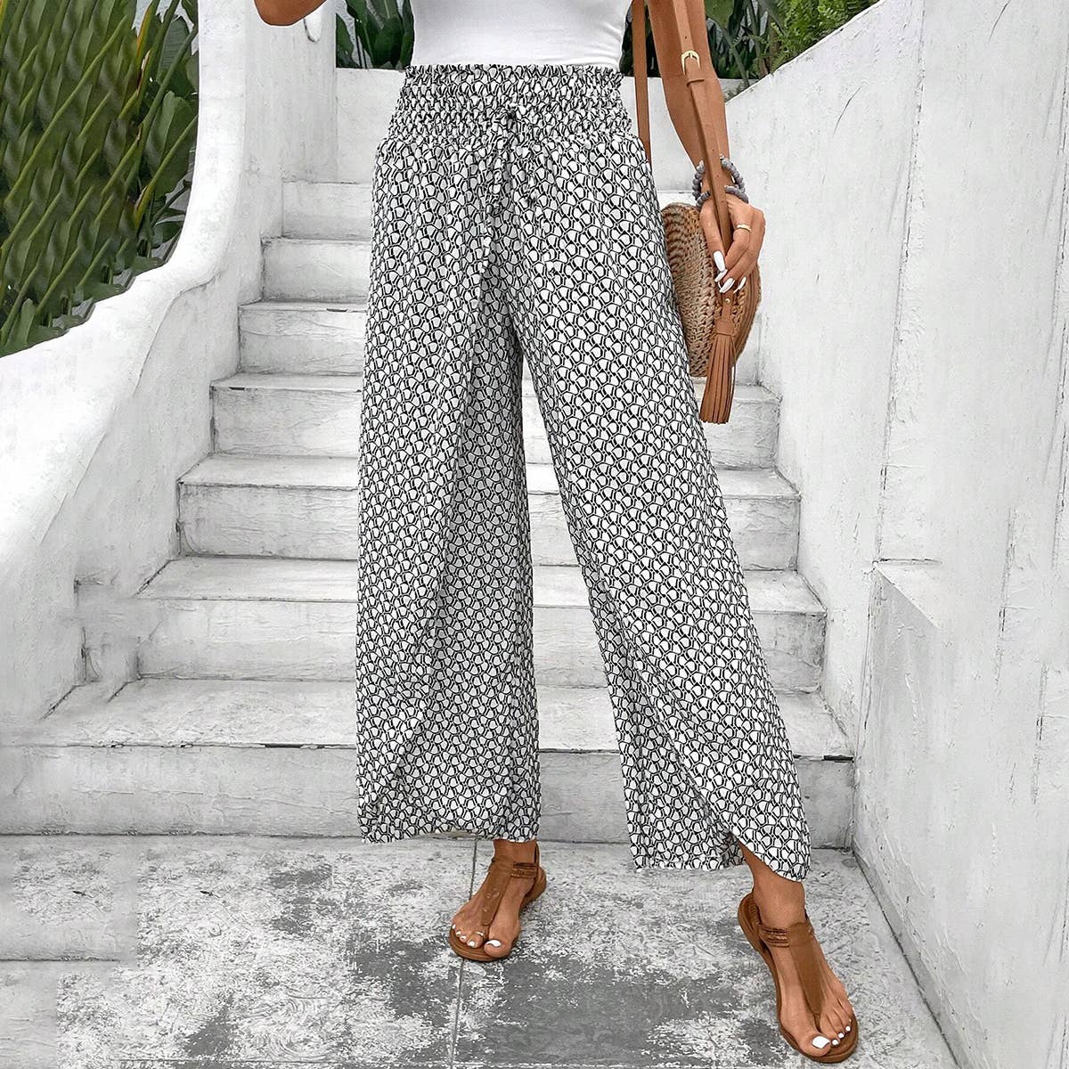 Floral side slit wide leg culottes: White