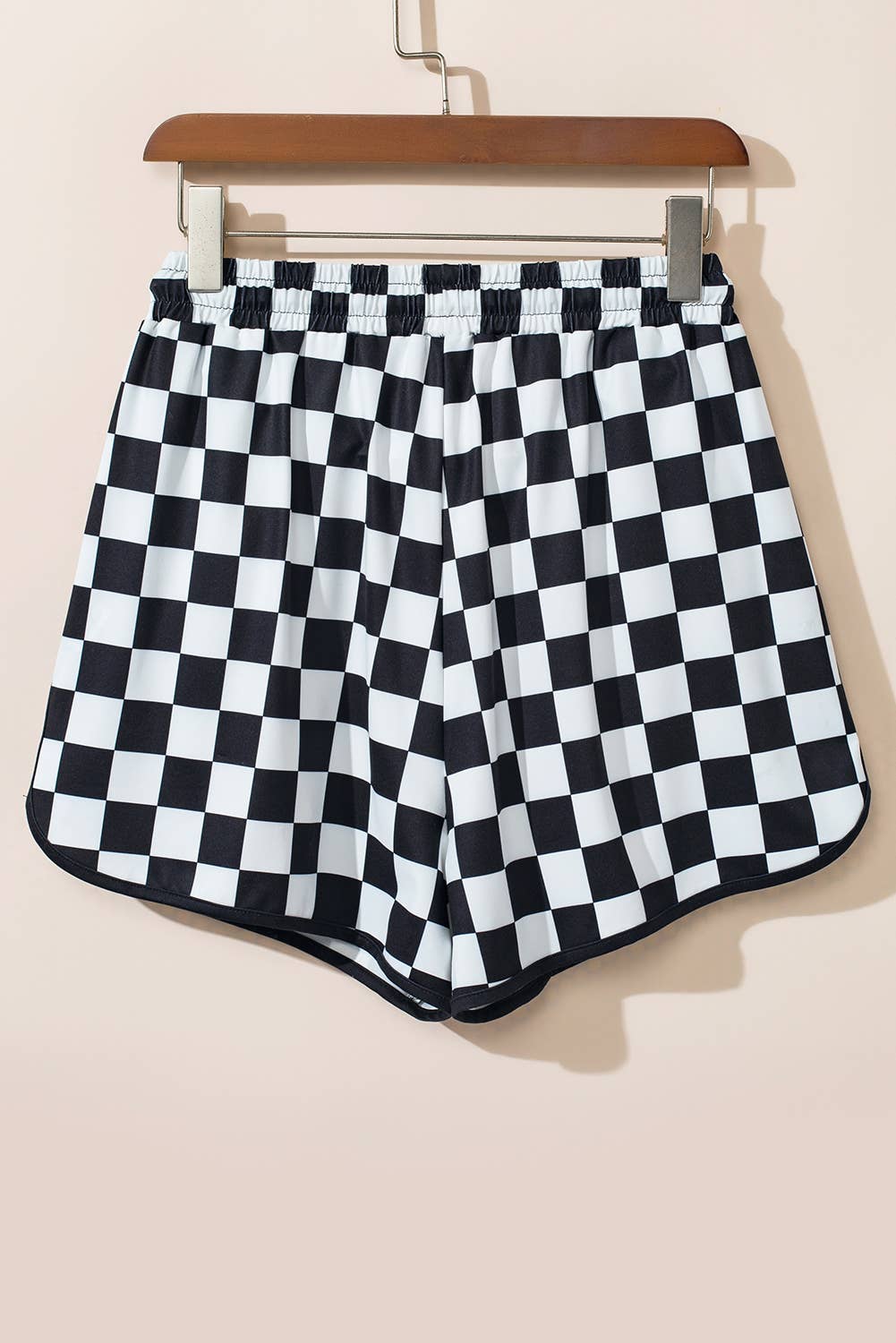 Checkered Drawstring Elastic Waist Casual Shorts: Black