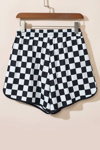 Checkered Drawstring Elastic Waist Casual Shorts: Black