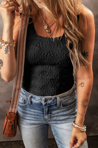 Floral Jacquard Square Neck Tank Top: Black /