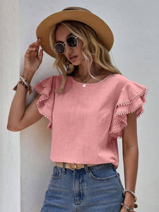 Women's Casual Ruffle Sleeve V-Neck Blouse Soft Cotton Pom Pom Trim Short Sleeve Top: Pink