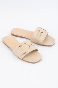 GOLDEN D-RING STRAP SLIP-ON SANDALS: BEIGE