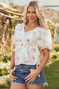 Alaiya Floral Puff Sleeve V Neck Tied Front Peplum Blouse