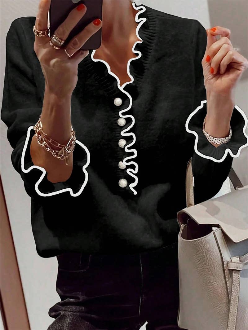 Ruffle Knit Contrast Trim V-Neck Sweater - Black