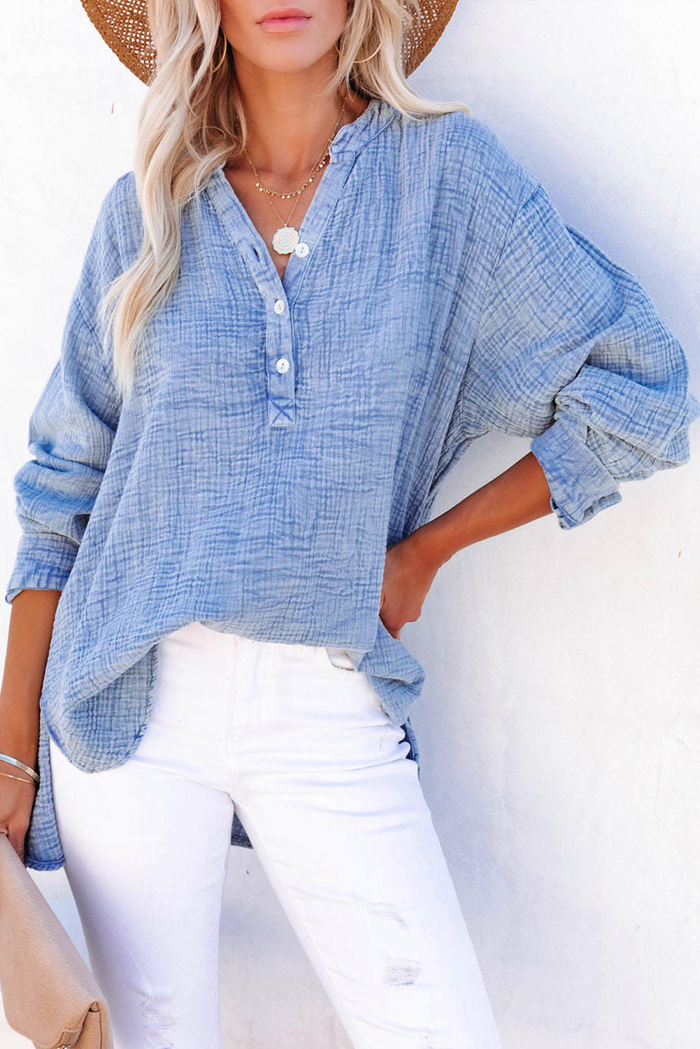 Naomi Crinkle Textured Loose Henley Top