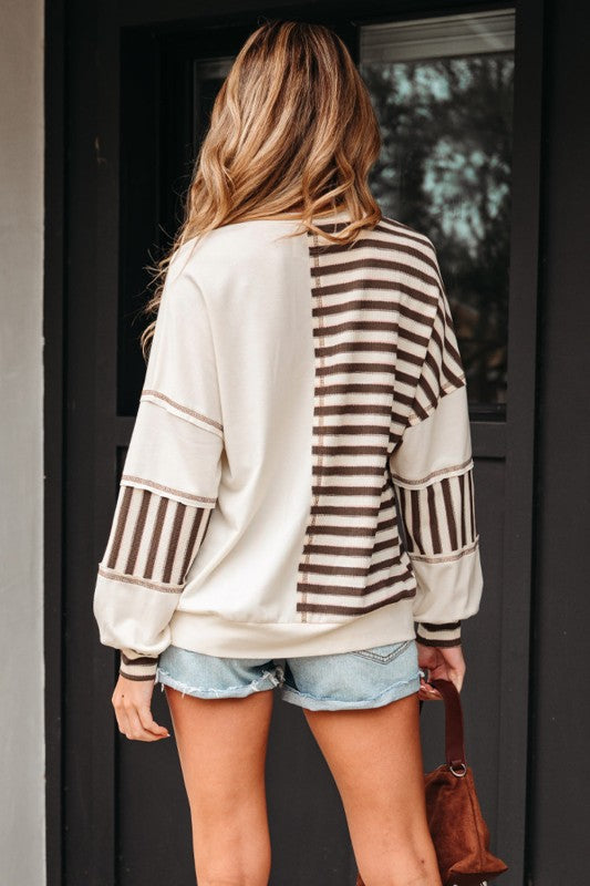 Stripe Patchwork Long Sleeve Henley Top