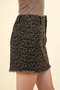 Washed Cotton Twill Leopard Printed Mini Skirt: CHARCOAL