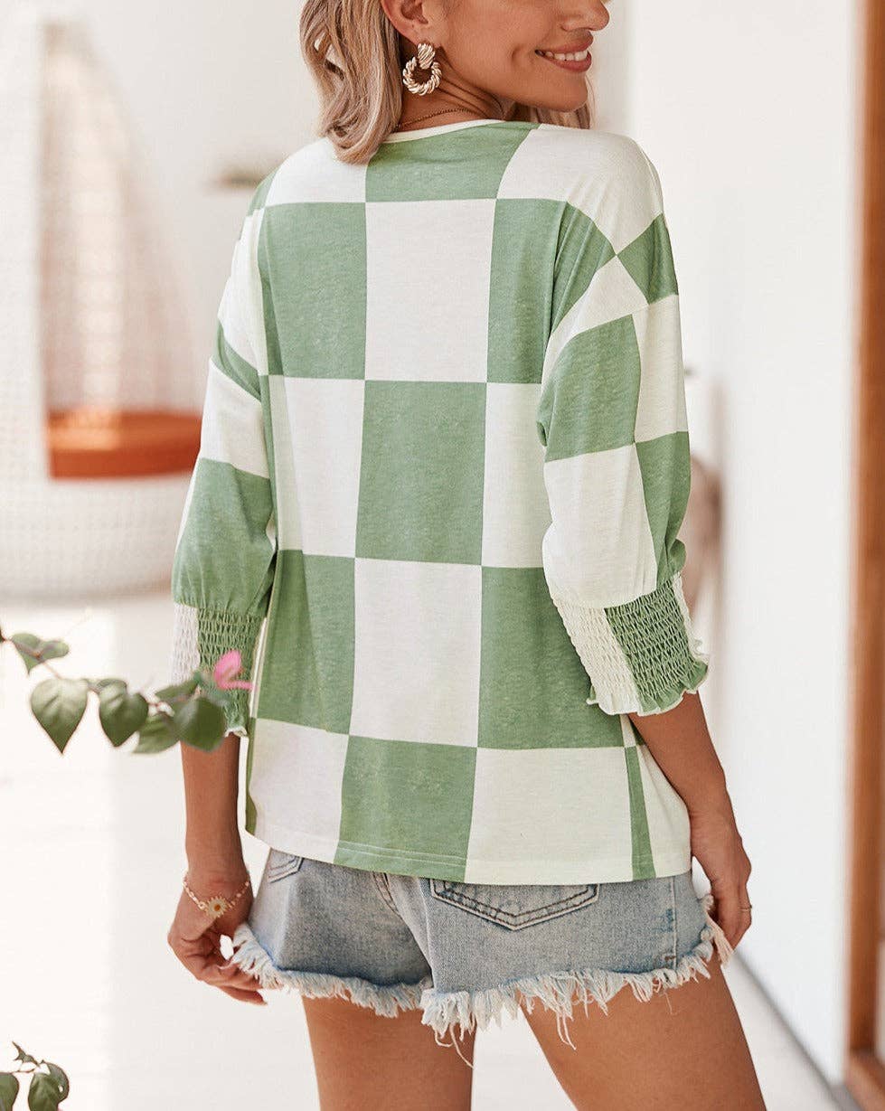Checkered Smocked 3/4 Sleeve Blouse: Grass Green