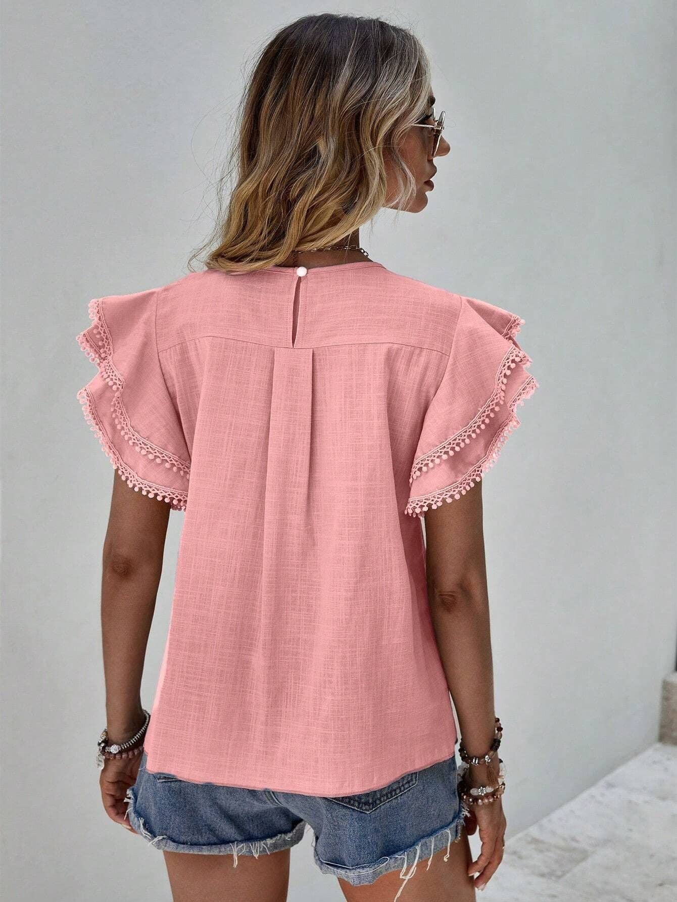 Women's Casual Ruffle Sleeve V-Neck Blouse Soft Cotton Pom Pom Trim Short Sleeve Top: Pink