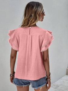 Women's Casual Ruffle Sleeve V-Neck Blouse Soft Cotton Pom Pom Trim Short Sleeve Top: Pink