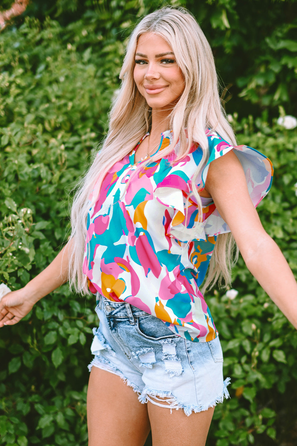 Noemi Notched Neck Flutter Sleeve Blouse