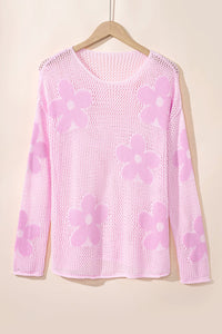 Dulce Big Flower Hollowed Knit Drop Shoulder Sweater